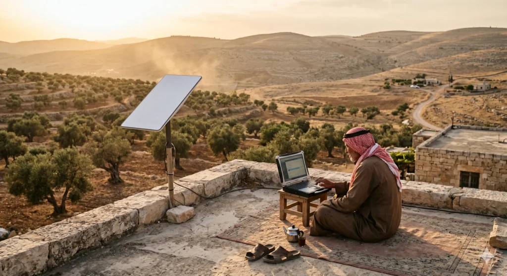 طبق ستارلينك على سطح منزل ريفي سوري مع مزارع يعمل على لابتوب — إنترنت فضائي في الريف السوري